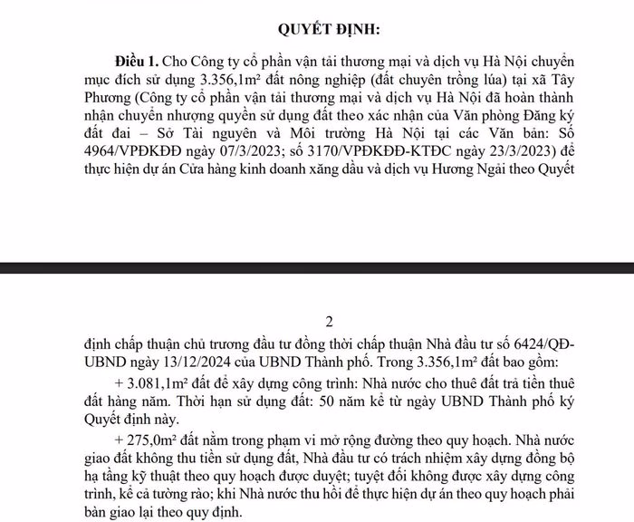 Hồ sơ ph&aacute;p l&yacute; cho ph&eacute;p C&ocirc;ng ty CP Vận tải thương mại v&agrave; Dịch vụ H&agrave; Nội triển khai dự &aacute;n c&acirc;y xăng Hương Ngải