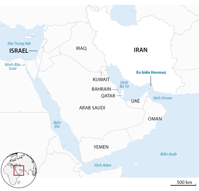 Vị tr&iacute; eo biển Hormuz. Đồ họa: Guardian