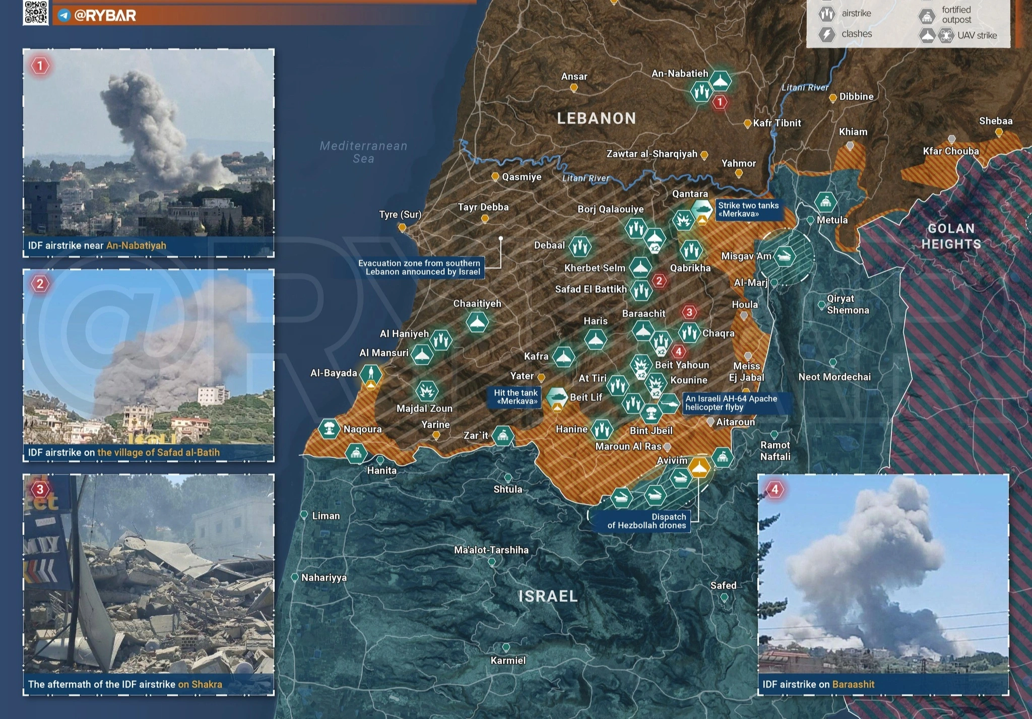 Bản đồ t&aacute;c chiến tại khu vực bi&ecirc;n giới Israel v&agrave; Li Băng