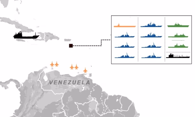 B&agrave;i binh bố trận của Mỹ xung quanh Venezuela. Bấm v&agrave;o ảnh để xem đầy đủ