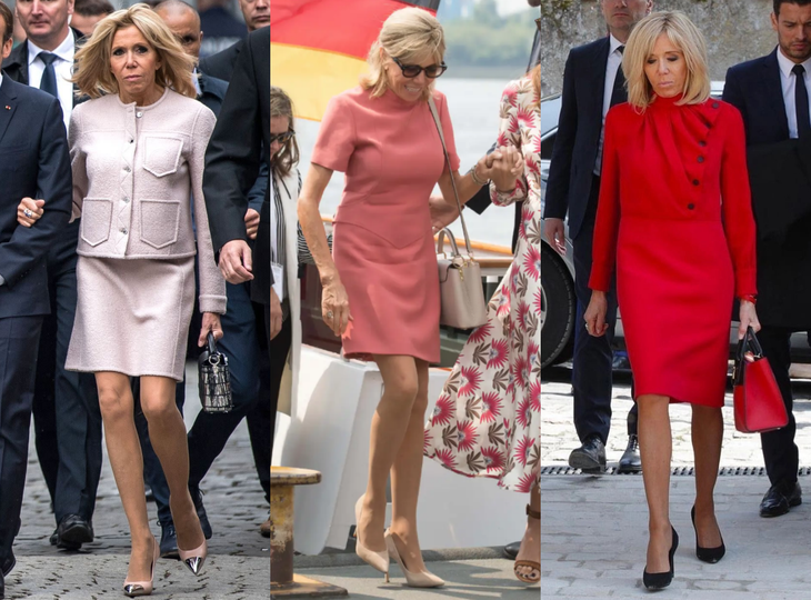 Đệ nhất phu nhân Pháp Brigitte Macron và phong cách thời trang tinh tế Những chi tiết như đường cắt may sắc nét, khăn lụa mềm mại hay phụ kiện tối giản như vòng cổ mảnh, đồng hồ sang trọng và giày cao gót nhọn giúp bà hoàn thiện vẻ ngoài - Ảnh: WWD