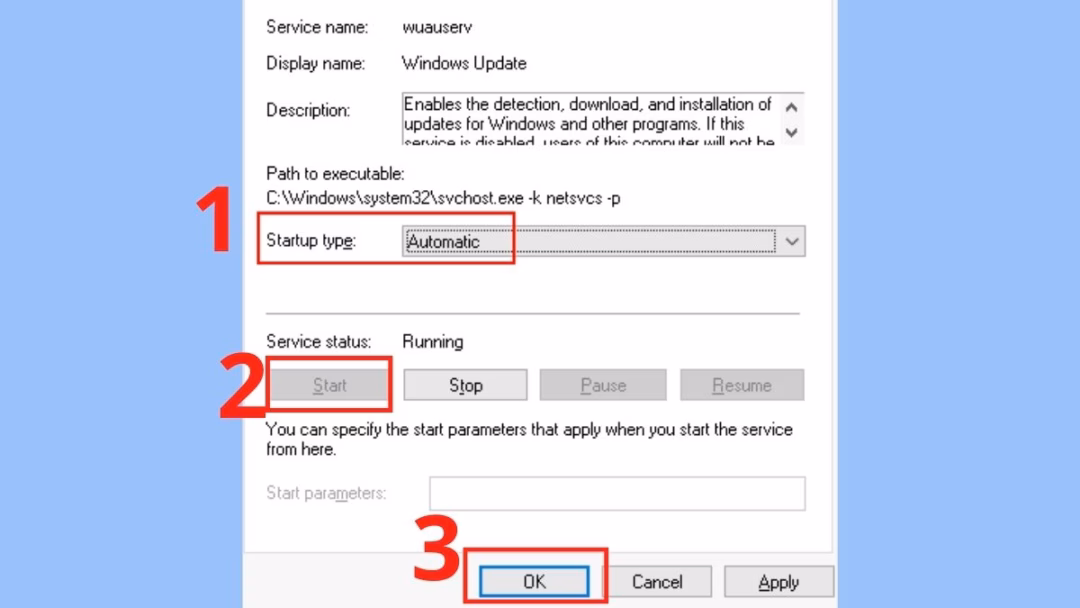 Cách sửa lỗi Your device is missing important security and quality fixes trên Windows Update Chọn Automatic. Nếu dịch vụ đang dừng, nhấn vào nút Start và chọn OK