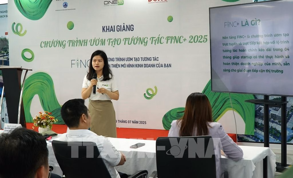 5 dự án khởi nghiệp xuất sắc được ươm tạo đổi mới sáng tạo tại Đà Nẵng Đại diện DNES giới thiệu về Chương trình Ươm tạo Tương tác FINC+ 2025. Ảnh: Quốc Dũng - TTXVN