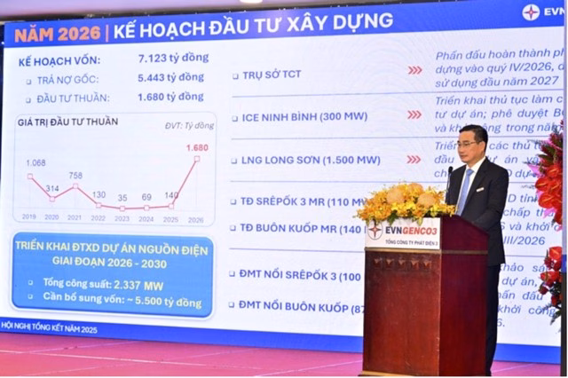 &Ocirc;ng L&ecirc; Văn Danh - Th&agrave;nh vi&ecirc;n HĐQT, Tổng gi&aacute;m đốc EVNGENCO3 b&aacute;o c&aacute;o tại hội nghị.