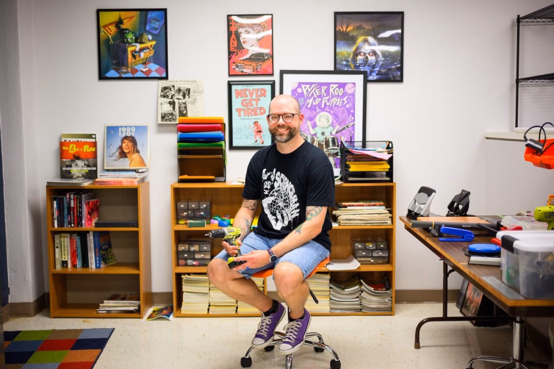 Associate Professor Sam Logan’s CD collection in his Oregon State University classroom.