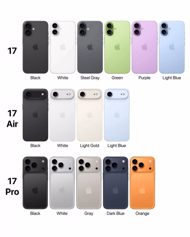Loạt màu sắc được cho là sẽ có trên iPhone 17 series. Ảnh: 9to5Mac.