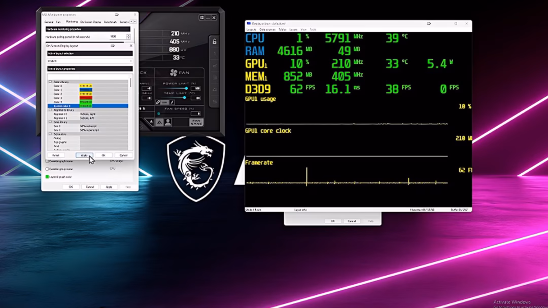 Afterburner tích hợp sẵn khả năng ép xung, điều chỉnh điện áp và fan curve, đồng thời kết hợp với RTSS (RivaTuner Statistics Server) để hiển thị các thông số như FPS, nhiệt độ,... trong game.