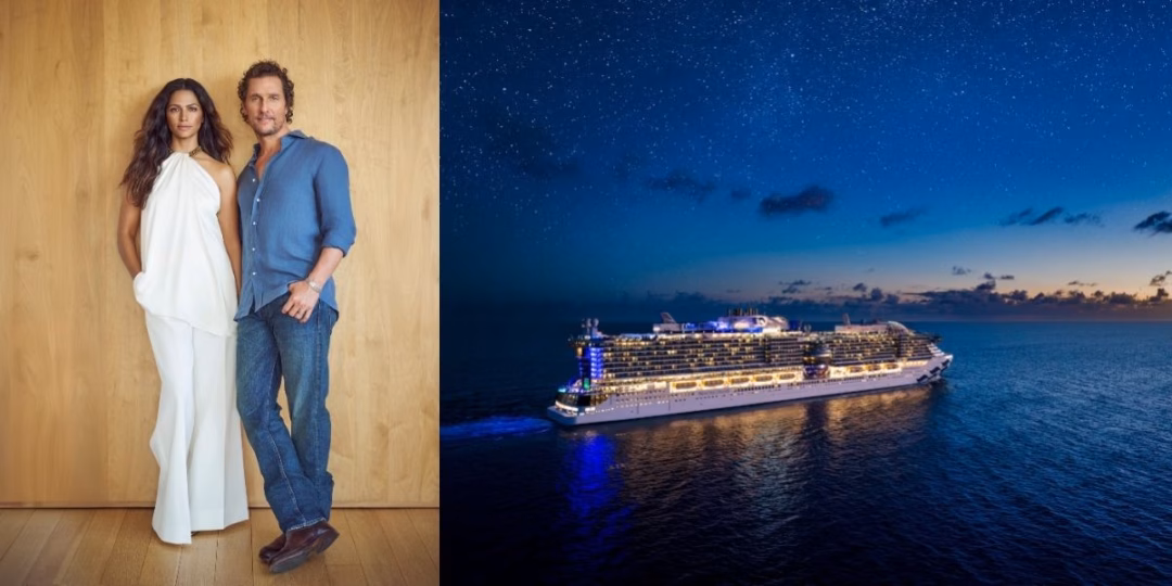 Camila Alves McConaughey and Matthew McConaughey standing together against a wooden backdrop, alongside a night-time view of the illuminated Star Princess cruise ship sailing under a starry sky.
