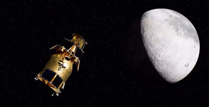 Minh họa t&agrave;u đổ bộ Blue Ghost M2 c&ugrave;ng t&agrave;u quỹ đạo Elytra bay tới Mặt Trăng