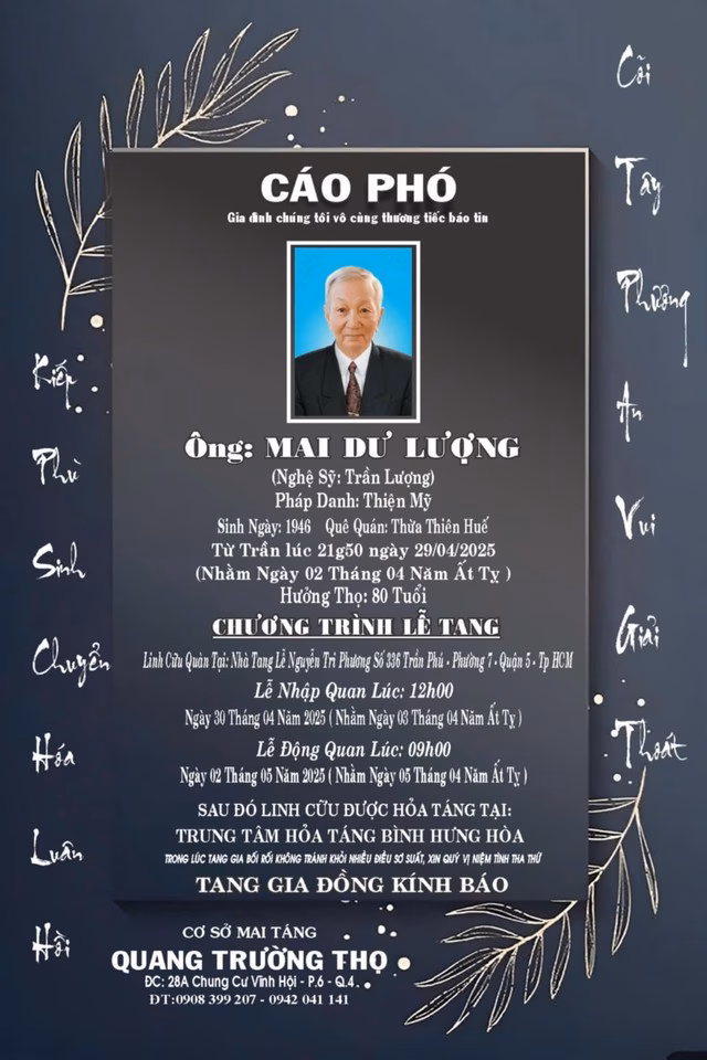 Hình ảnh về cáo phó của diễn viên Trần Lượng