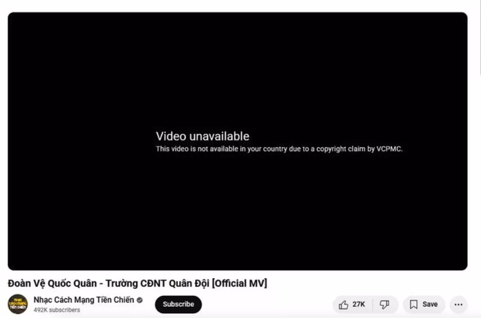 Video bị chặn Video 'Đoàn vệ quốc quân' trên kênh YouTube do BHMedia sở hữu bị chặn.