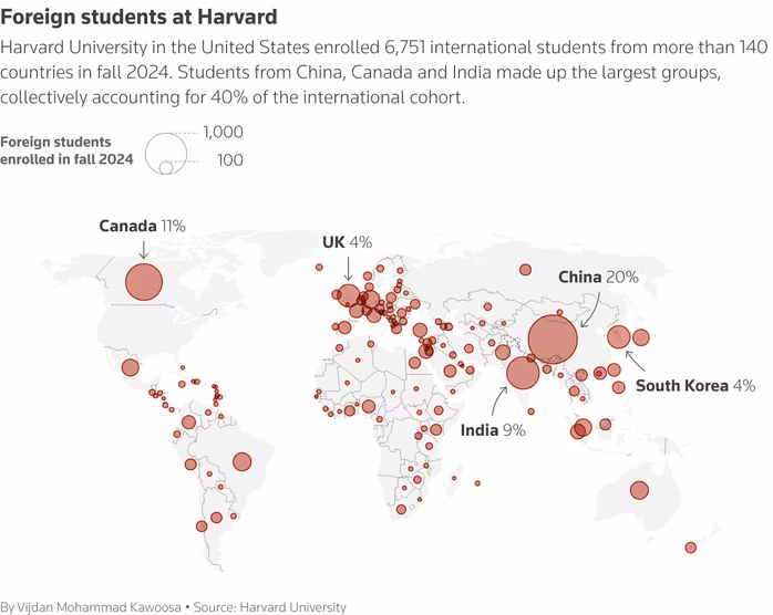 Bản đồ hiển thị thông tin quốc tịch sinh viên quốc tế theo học tại Đại học Harvard năm 2024 Bản đồ hiển thị thông tin quốc tịch sinh viên quốc tế theo học tại Đại học Harvard năm 2024