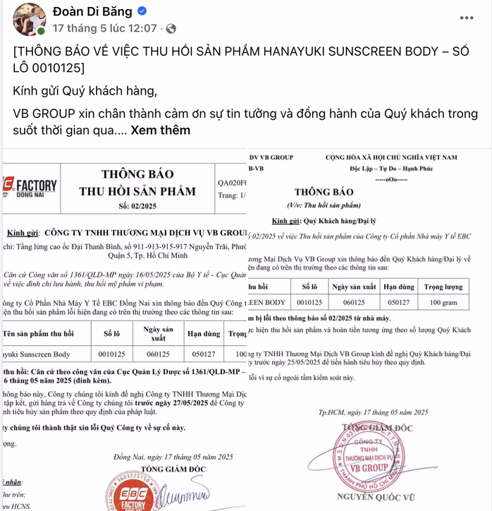 Thông báo thu hồi được đăng tải trên trang cá nhân của Đoàn Di Băng Thông báo thu hồi được đăng tải trên trang cá nhân của Đoàn Di Băng