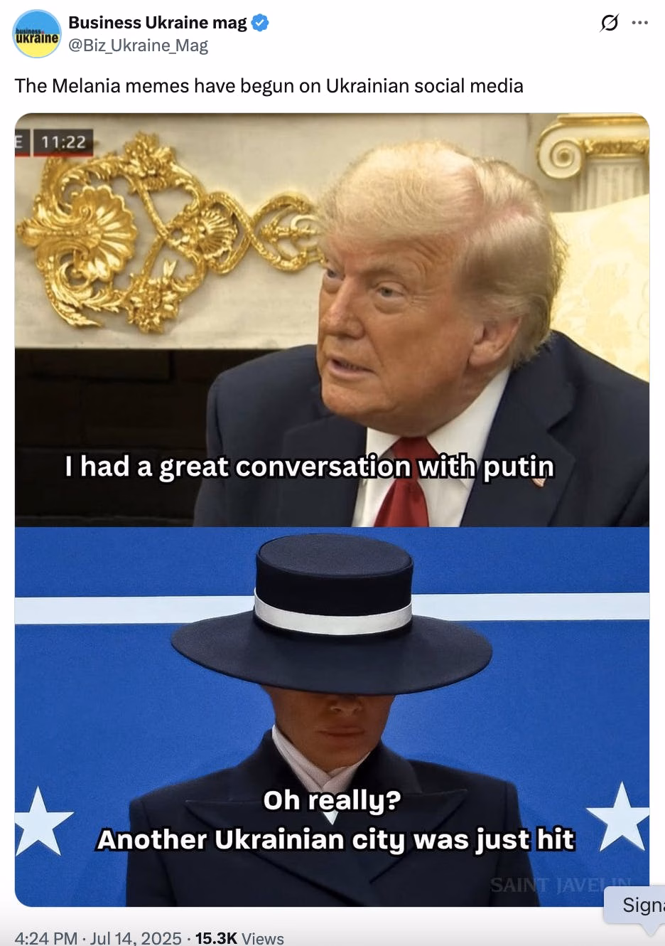 Vết bầm tím trên tay Tổng thống Trump gây chú ý, có phải do tuổi tác? X screenshot Business Ukraine mag @Biz_Ukraine_Mag The Melania memes have begun on Ukrainian social media meme of Donald Trump: I had a great conversation with Putin Melania Trump in her second inauguration hat: Oh really: Another Ukranian city was just hit