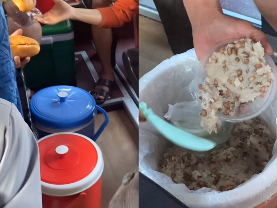 Một gia đình mang theo thùng xôi to, nồi thịt kho để đảm bảo đủ lương thực cho cả đoàn khi du lịch (Ảnh cắt từ clip).