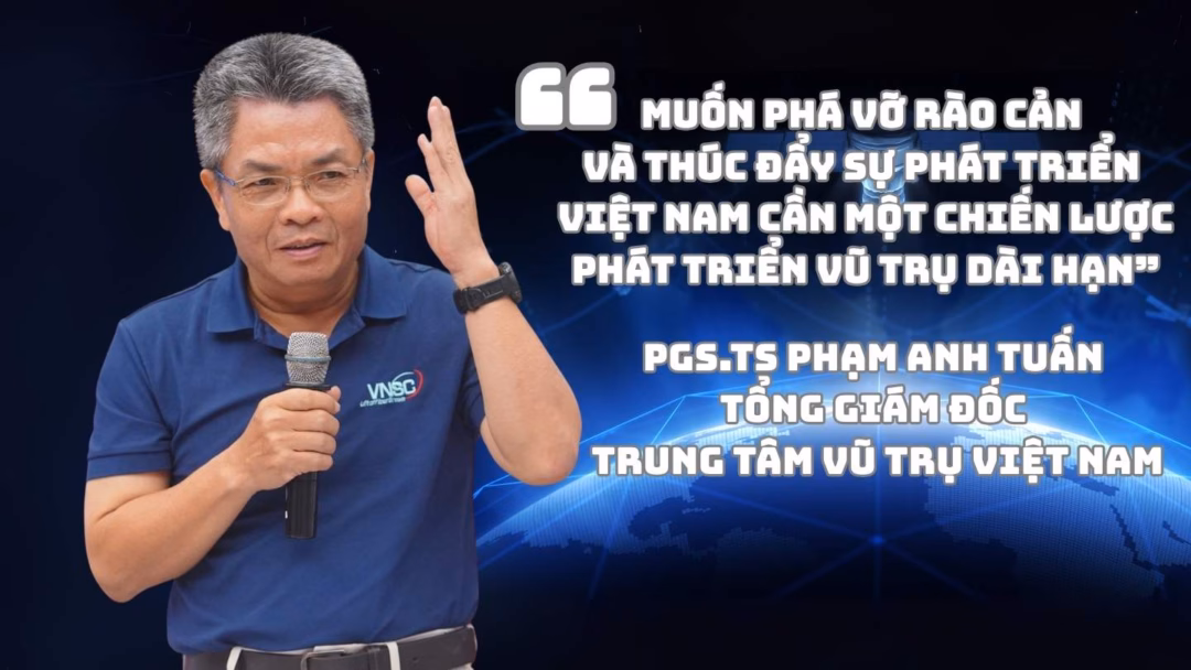 PGS.TS Phạm Anh Tuấn - Tổng Giám đốc Trung tâm Vũ trụ Việt Nam cho rằng, muốn phá vỡ rào cản và thúc đẩy sự phát triển, Việt Nam cần một chiến lược phát triển vũ trụ dài hạn. Ảnh + Đồ họa: Hạo Thiên