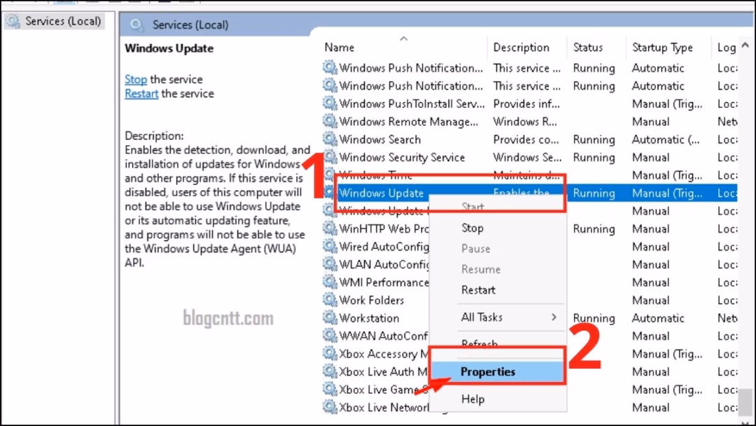 Tìm dịch vụ Windows Update, nhấp chuột phải và chọn Properties