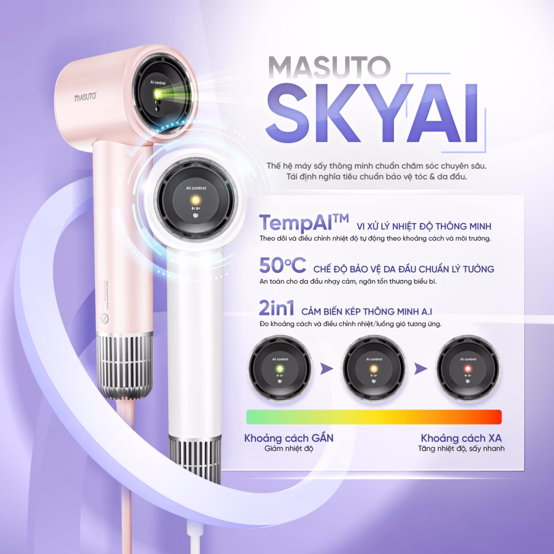 Masuto – Thương hiệu gia dụng hàng đầu cho giới trẻ Việt Máy sấy tóc Masuto SkyAI nhỏ gọn, công nghệ cảm biến tiệm cận giúp bảo vệ tối ưu da đầu