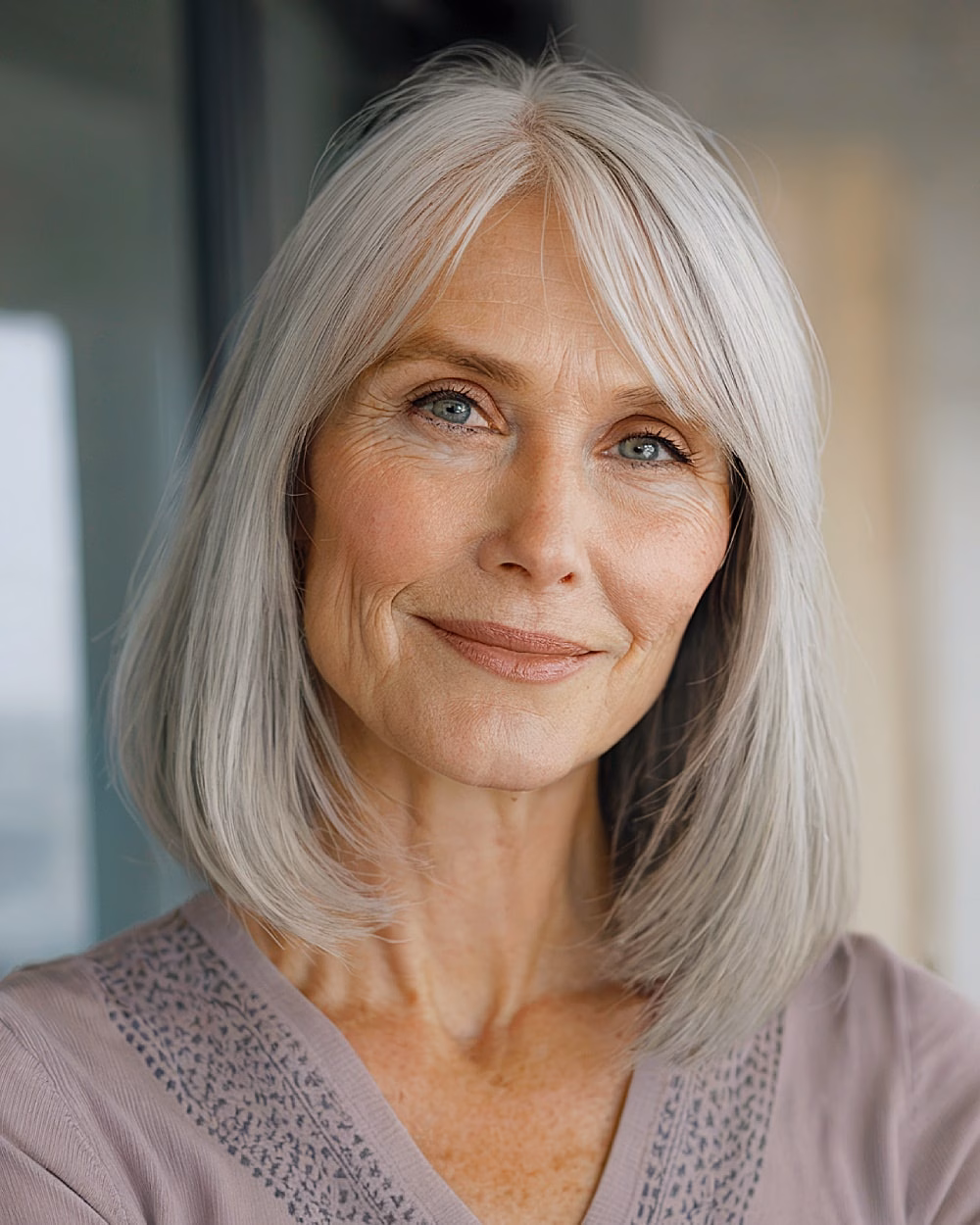 Straight silver bob with curtain bangs and clean lines for sleek hair over 70