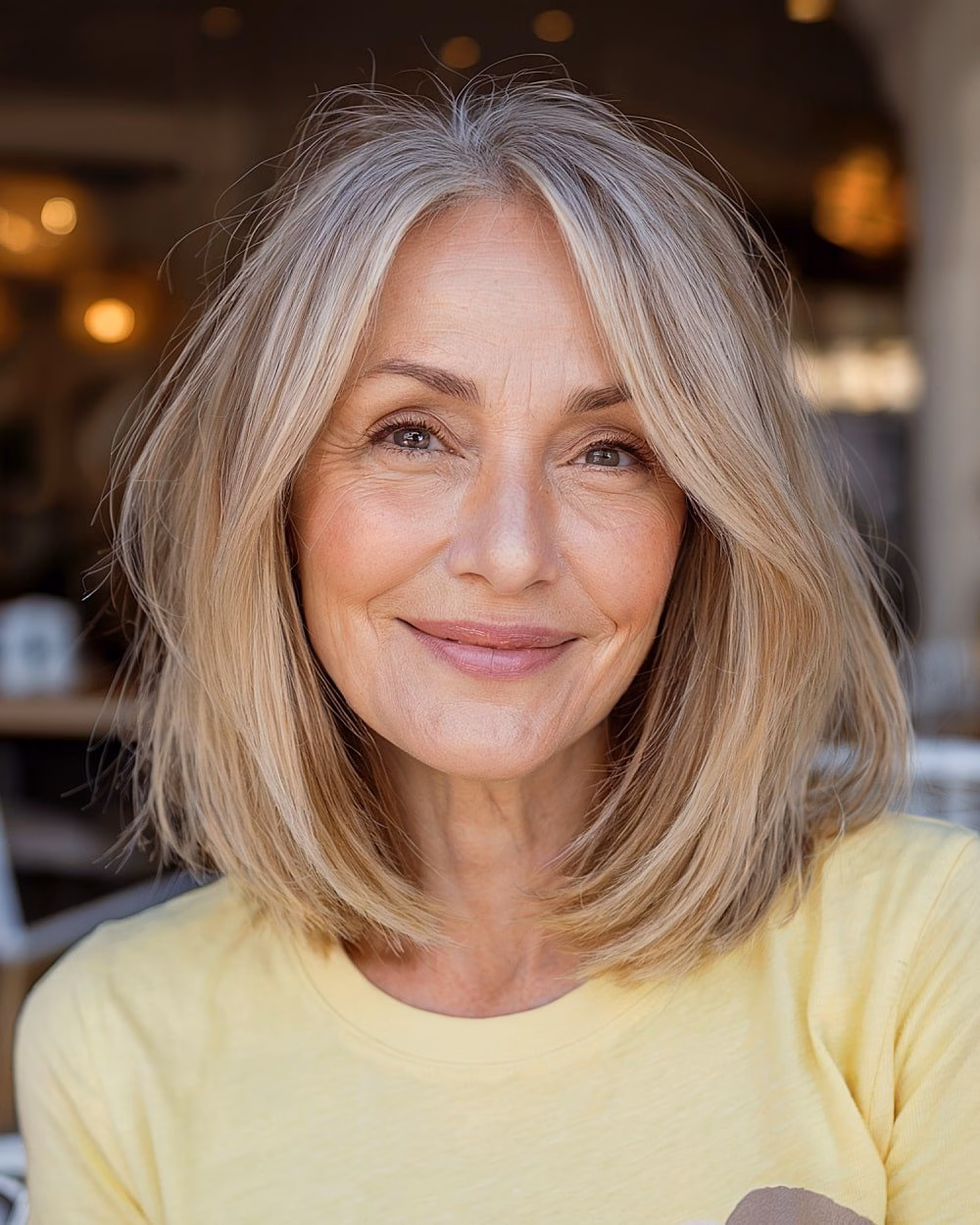 Tóc tầng trung giúp chị em U60 trẻ trung, gọn gàng và dễ chăm sóc Blonde shoulder-length haircut with layered ends and natural flowing shape