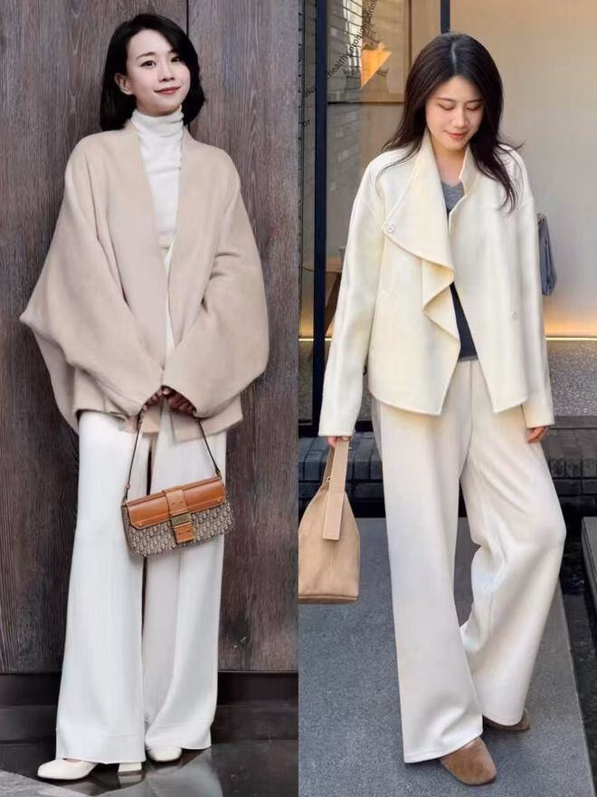 Đồng màu áo khoác ngắn + quần ống rộng Set đồng màu áo khoác ngắn và quần ống rộng
