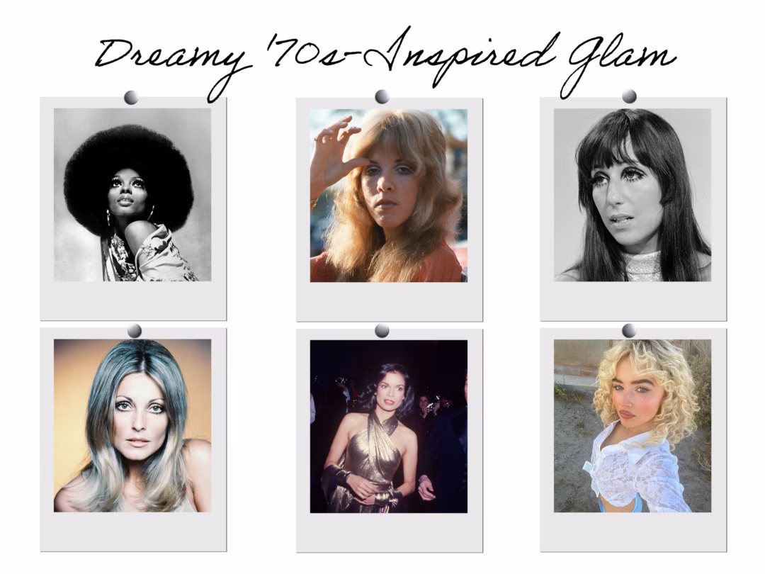 A collage of images including photos of Diana Ross, Stevie Nicks, Cher, Sharon Tate, and Bianca Jagger from the 1970s, with a recent image of Sabrina Carpenter wearing '70s glam.