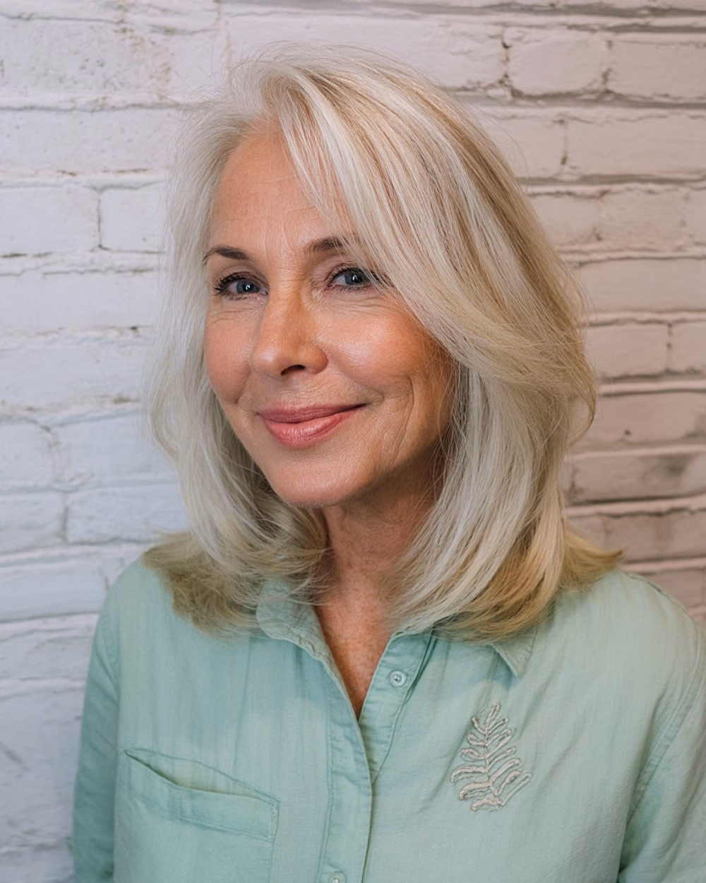 Cắt tóc layer giúp chị em U60 trẻ trung hơn Soft layered medium-length blonde haircut for thinning hair with flipped ends