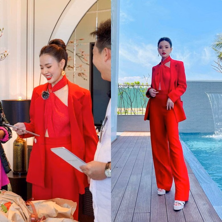 Cô làm mới phong cách với gam đỏ rực rỡ, nổi bật. Cách mix áo trong phá cách, tạo điểm nhấn bằng những khoảng hở vừa đủ, giữ trọn vẻ tinh tế mà không kém phần cuốn hút.
