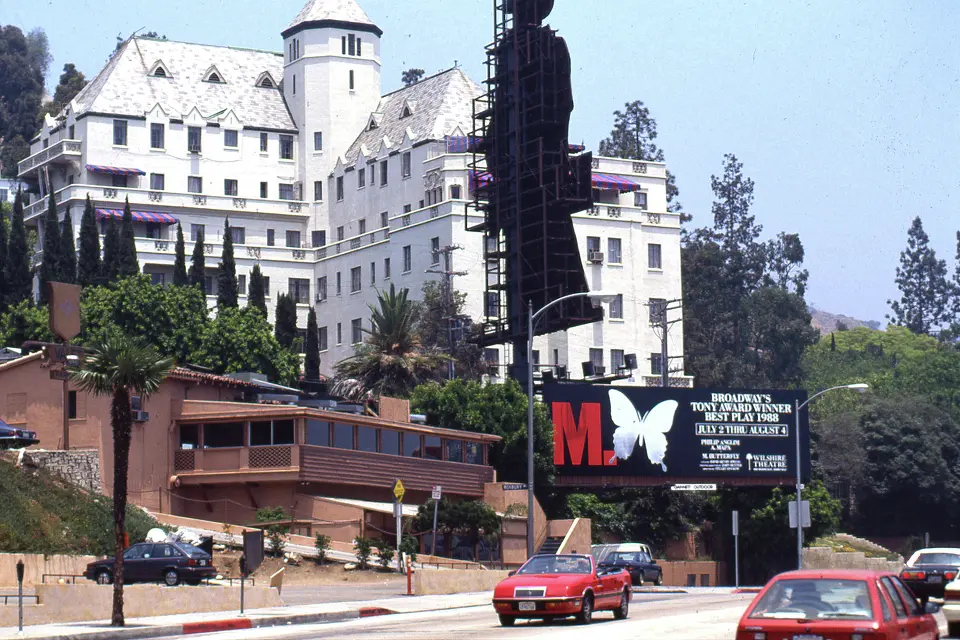 An exterior view of the Roxbury Nightclub, with Bar Marmont above and a billboard advertising “Madame Butterfly,” on Sunset Boulevard in July 1992 in Los Angeles.