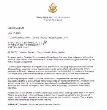 Lá thư từ bác sĩ của Tổng thống Donald Trump nêu chi tiết chẩn đoán mạch máu mới của ông. Ảnh: Politico