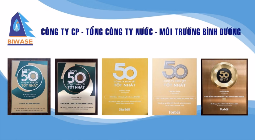 BIWASE 6 lần liên tiếp lọt Top 50 công ty niêm yết tốt nhất Việt Nam của Forbes BIWASE được Forbes vinh danh qua các năm 2019, 2020, 2022,2023 và 2024