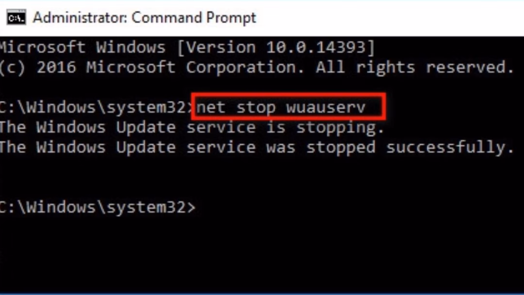 Cách sửa lỗi Your device is missing important security and quality fixes trên Windows Update Nhập vào lệnh net stop wuauserv, nhấn phím Enter