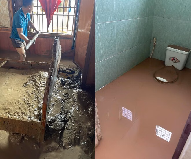 Vũ Hồng Sơn cho biết nhà vệ sinh và lối đi vẫn còn ngập nước bùn.