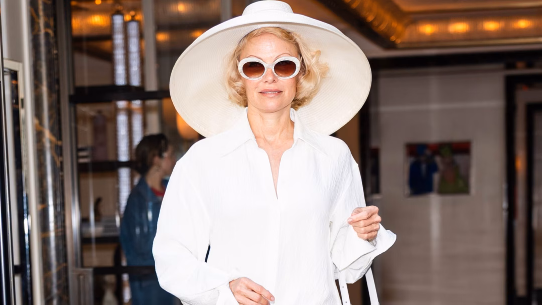 Pamela Anderson arrives at the Corinthia Hotel whilst out promoting new movie 'The Naked Gun' on July 23, 2025 in London, England.
