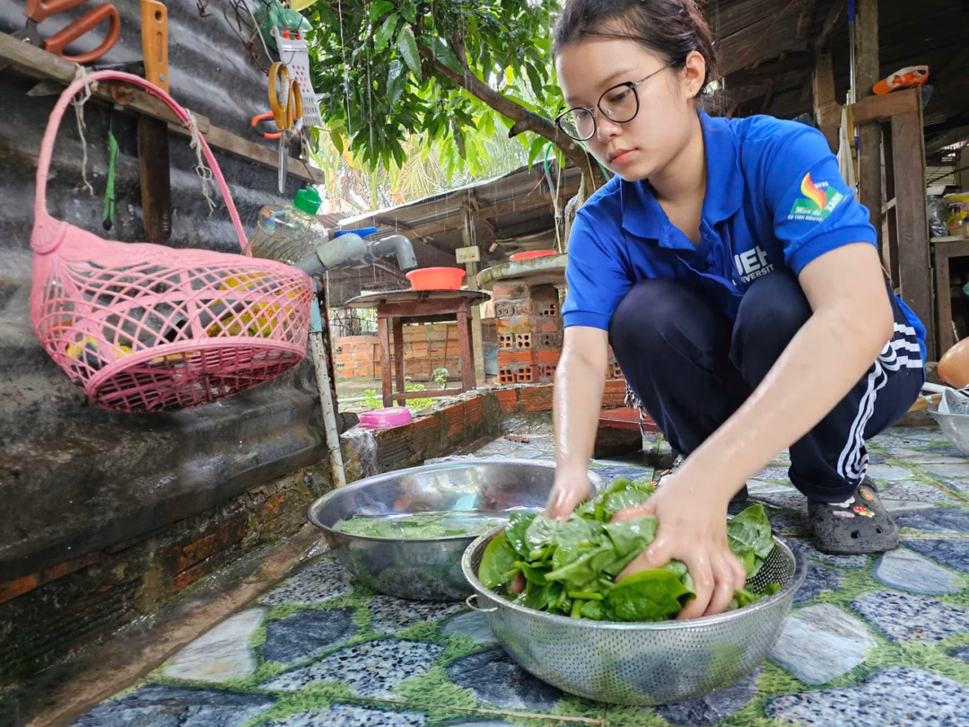 Nữ sinh viên tình nguyện rửa rau chuẩn bị cơm trưa cho đội