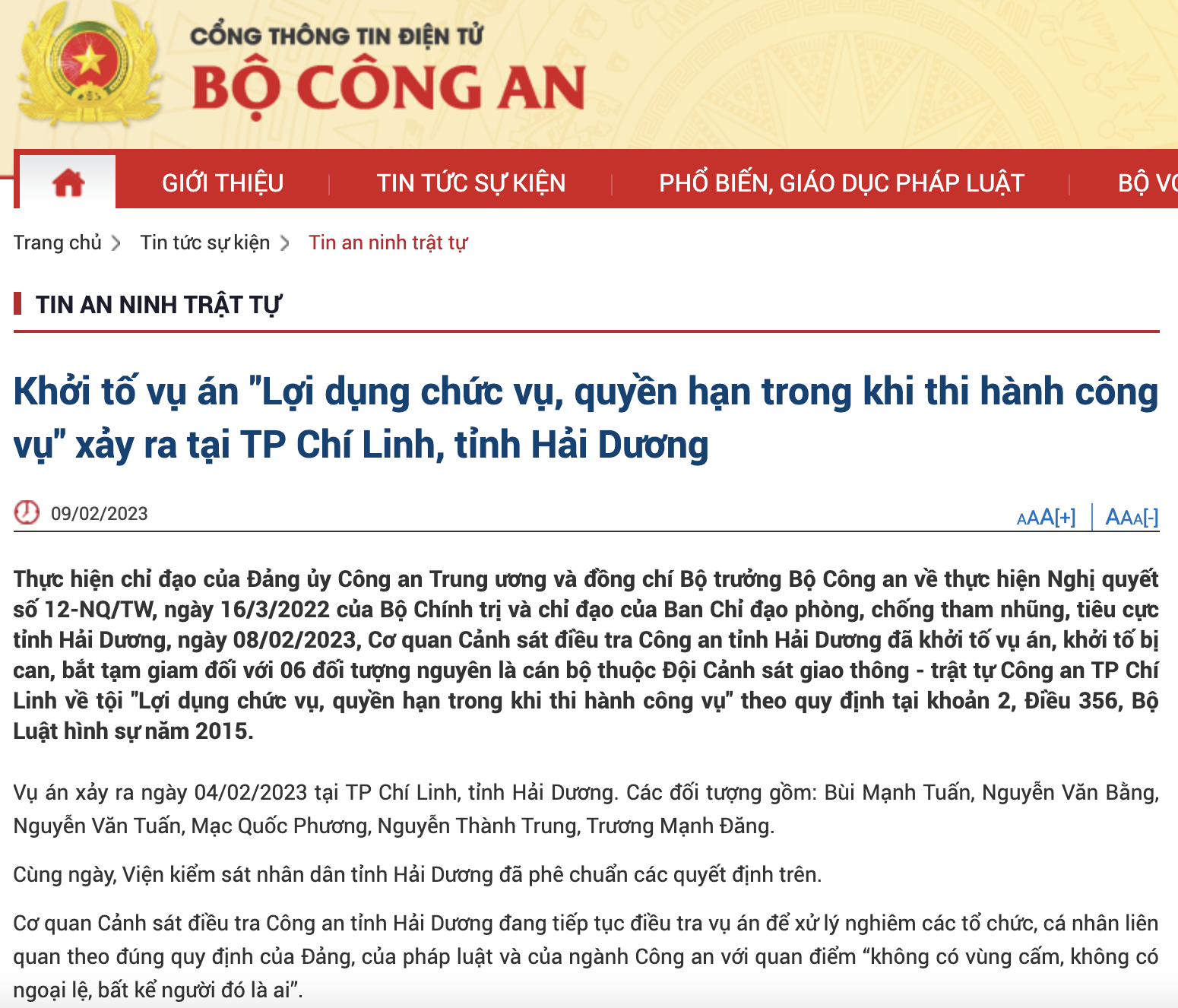 Cổng thông tin điện tử Bộ Công an đăng phát thông tin về vụ việc 6 đối tượng nguyên là cán bộ thuộc Đội CSGT-Trật tự TP Chí Linh, tỉnh Hải Dương có hành vi sai phạm bị khởi tố