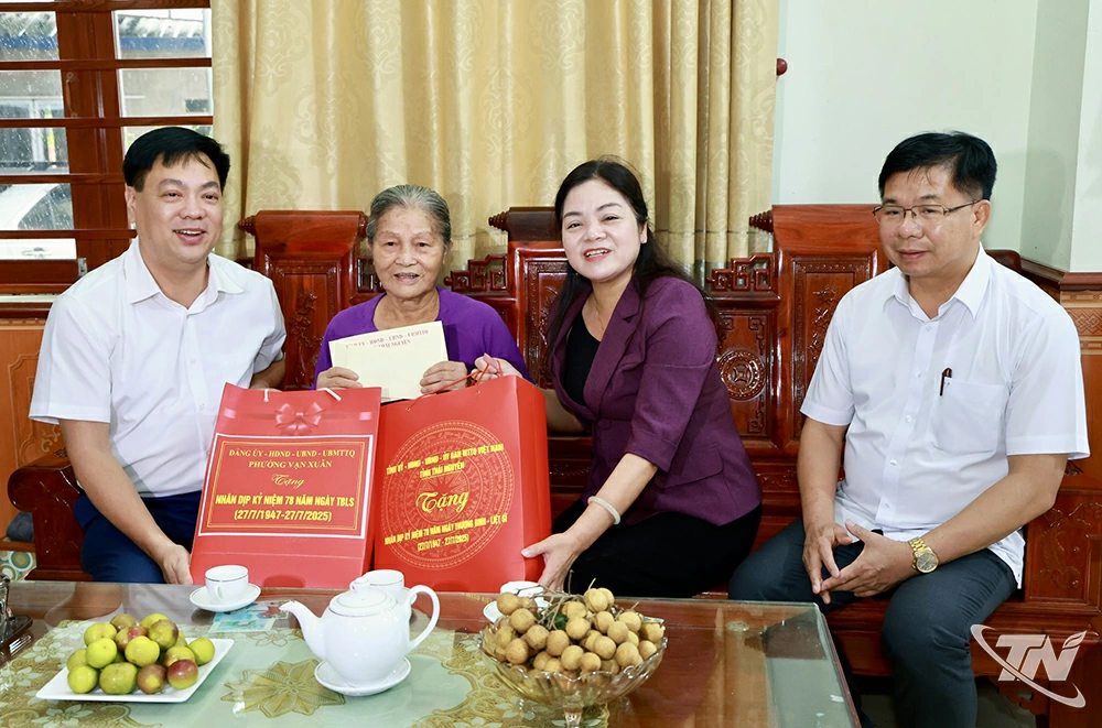 Đồng chí Nguyễn Thị Loan, Phó Chủ tịch UBND tỉnh tặng quà bà Tạ Thị Thành, vợ liệt sĩ, tại tổ dân phố Cổ Pháp 1, phường Vạn Xuân.
