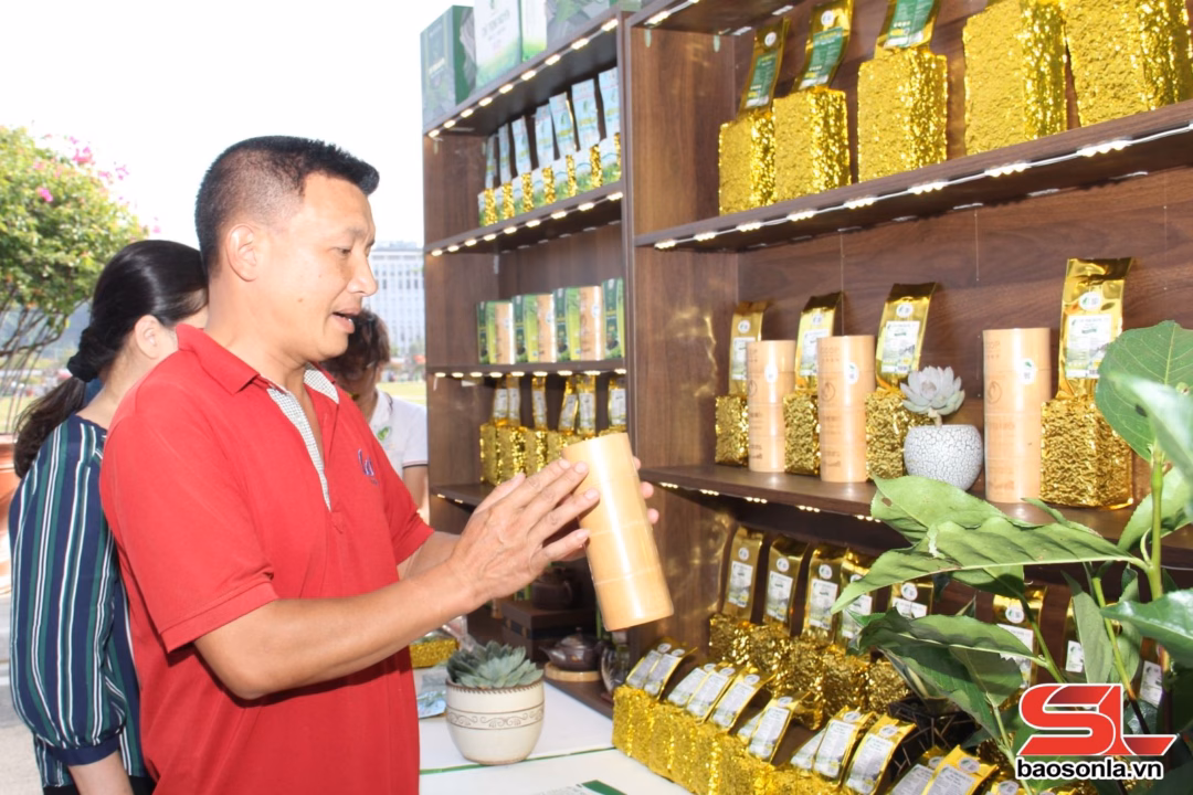 Sơn La: 11 sản phẩm công nghiệp nông thôn được công nhận cấp quốc gia Gian trưng bày sản phẩm "Chè Trọng Nguyên" của HTX Sản xuất, kinh doanh và dịch vụ tổng hợp Bình Thuận.