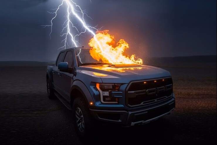 Xe bán tải bị sét đánh bốc cháy, tài xế thoát chết giây phút