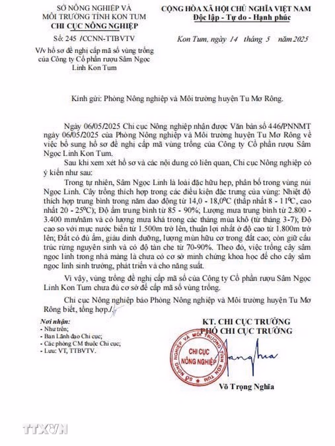 Văn bản không đồng ý cấp mã vùng trồng Văn bản số 245/CCNN-TTBVTV ngày 14/5 không đồng ý cấp mã vùng trồng cho Công ty Cổ phần rượu sâm Ngọc Linh Kon Tum