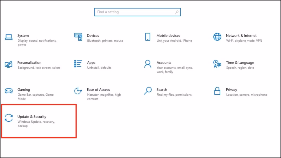 Cách sửa lỗi Your device is missing important security and quality fixes trên Windows Update Mở cài đặt Windows, truy cập Update & Security