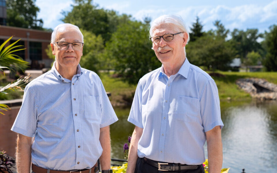“This may be the biological version of a blueprint,” said Bruce Boman, M.D., Ph.D. (right), with Gary Schleiniger.