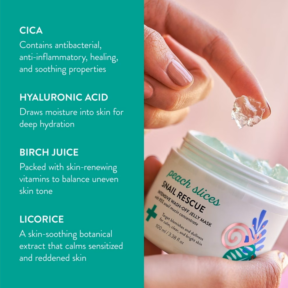 Text describes skincare ingredients: Cica for healing; Hyaluronic Acid for hydration; Birch Juice for even skin tone; Licorice for calming redness