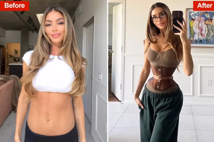 Enna Schell trước v&agrave; sau khi phẫu thuật t&aacute;i cấu tr&uacute;c xương sườn