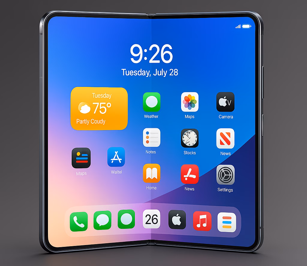 Apple ra mắt iPhone gập, màn hình của Samsung? Hình minh họa tại bằng AI.