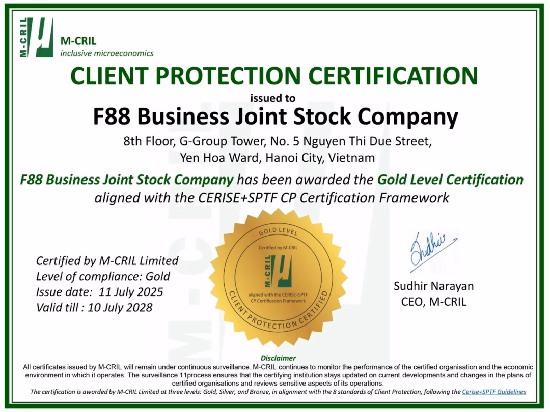 F88 nhận Chứng chỉ Vàng Bảo vệ Khách hàng với tỷ lệ tuân thủ 98,3% Chỉ số khách hàng hài lòng (NPS) của F88 đạt 73%, tỷ lệ khách hàng quay lại sử dụng dịch vụ ở mức trên 50%.