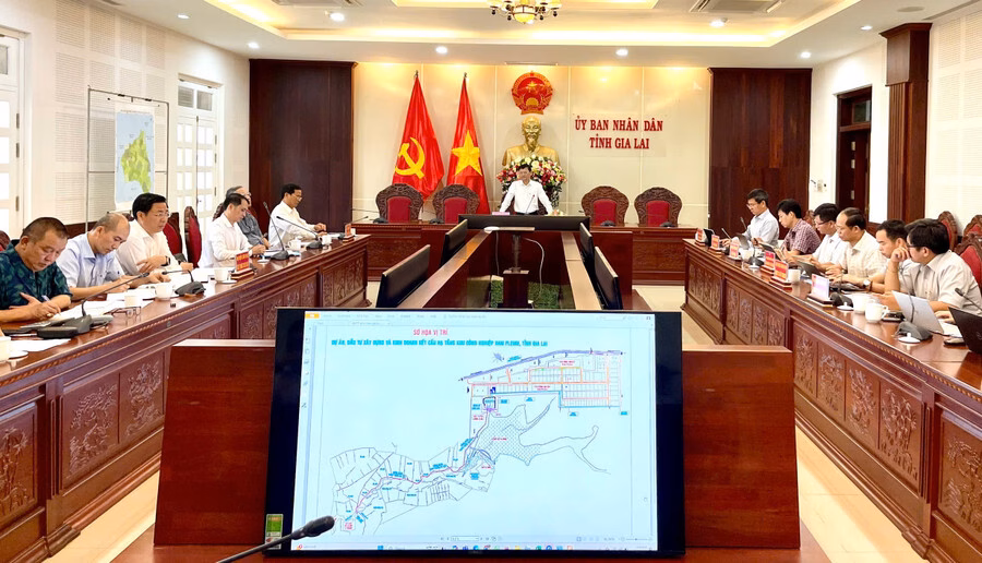 Gia Lai ‘thúc’ tiến độ hạ tầng KCN Nam Pleiku Phó Chủ tịch UBND tỉnh Nguyễn Tự Công Hoàng chủ trì buổi làm việc. Ảnh: RPiên