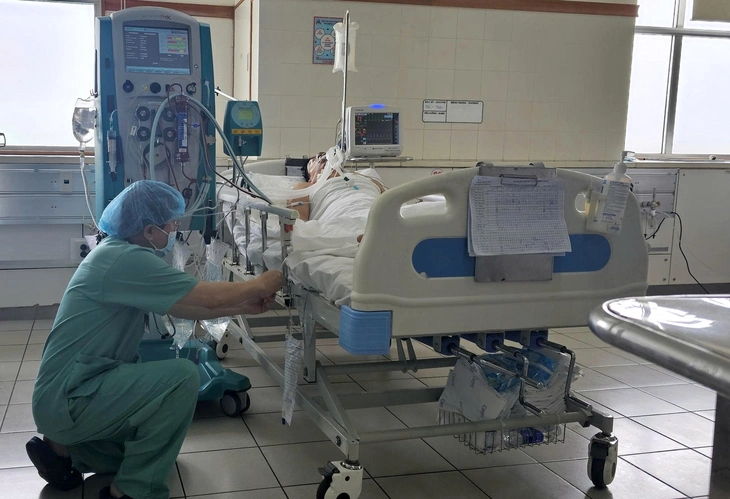 Một bệnh nhân mắc liên cầu lợn nặng điều trị tại Bệnh viện Trung ương Huế - Ảnh: N.LINH