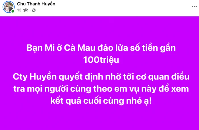 Vợ Quang Hải thể hiện sự cứng rắn khi tố một người tên "Mi" ở Cà Mau lừa đảo gần 100 triệu đồng. Ảnh chụp màn hình