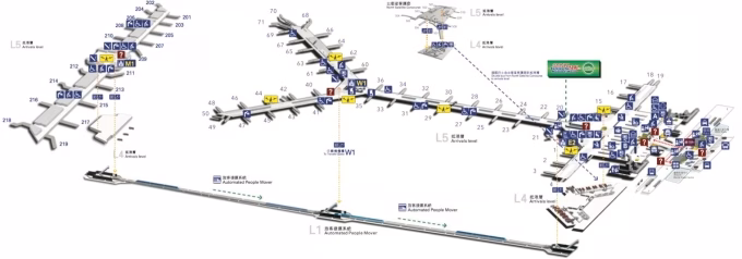 Sơ đồ cổng v&agrave; luồng di chuyển h&agrave;nh kh&aacute;ch tại S&acirc;n bay Quốc tế Hong Kong, minh họa c&aacute;ch bố tr&iacute; c&aacute;c nh&oacute;m cổng